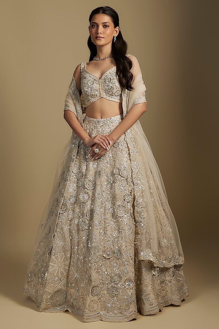 Ivory Silk Organza Bridal Lehenga Set by Aneesh Agarwaal at Pernia's Pop Up Shop