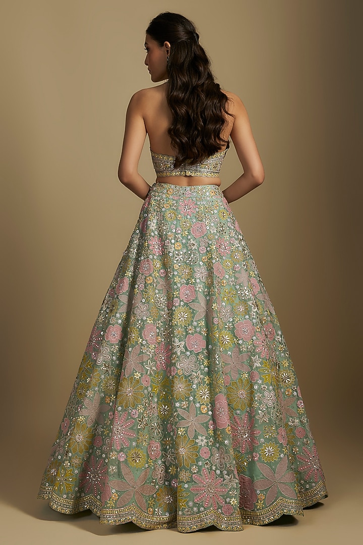 Mint Silk Organza Bridal Lehenga Set by Aneesh Agarwaal at Pernia's Pop Up Shop