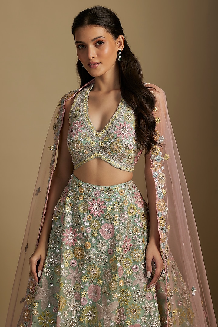 Mint Silk Organza Bridal Lehenga Set by Aneesh Agarwaal at Pernia's Pop Up Shop
