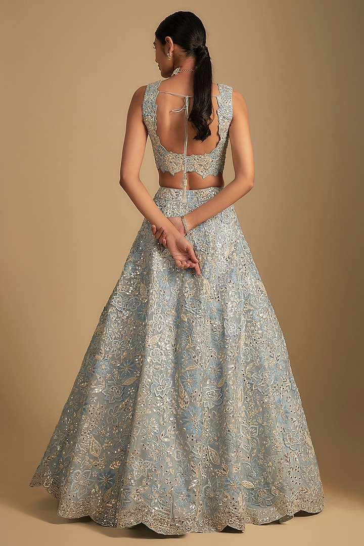 Sky Blue Net Embroidered Bridal Lehenga Set by Aneesh Agarwaal at Pernia's Pop Up Shop