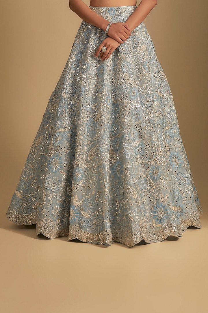 Sky Blue Net Embroidered Bridal Lehenga Set by Aneesh Agarwaal at Pernia's Pop Up Shop