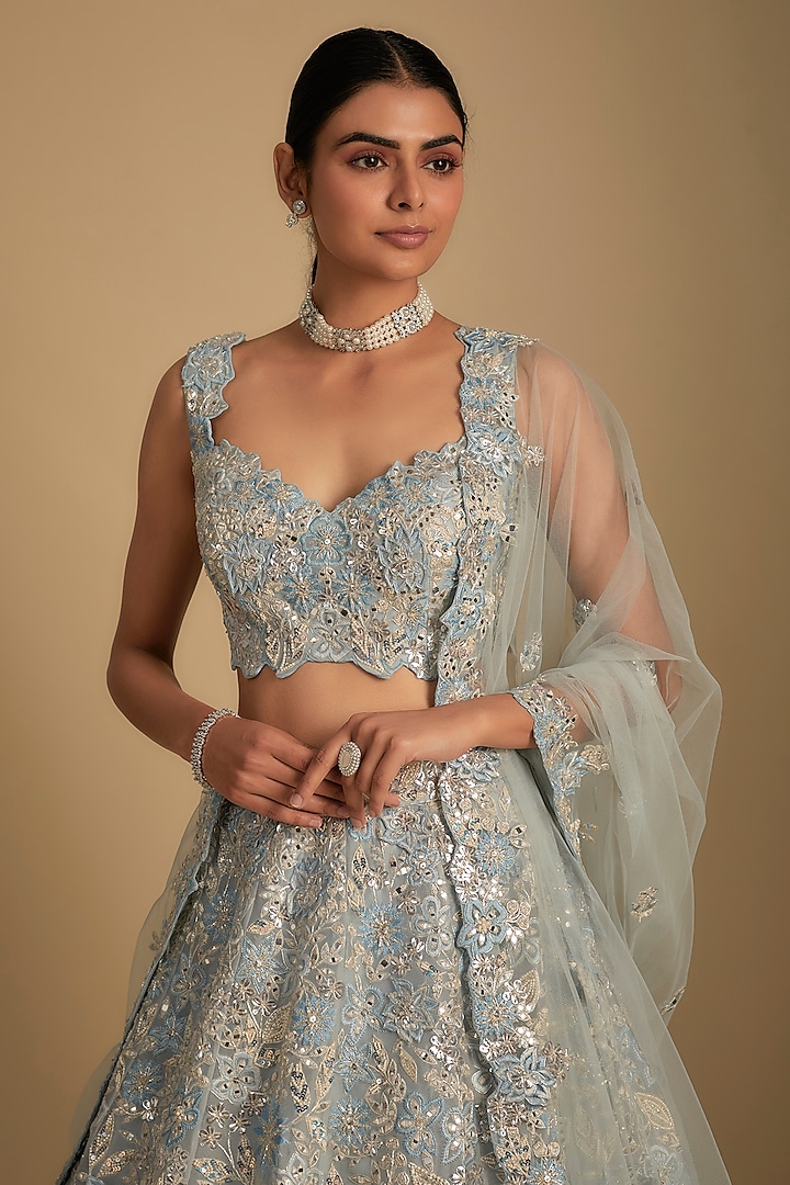 Sky Blue Net Embroidered Bridal Lehenga Set by Aneesh Agarwaal at Pernia's Pop Up Shop
