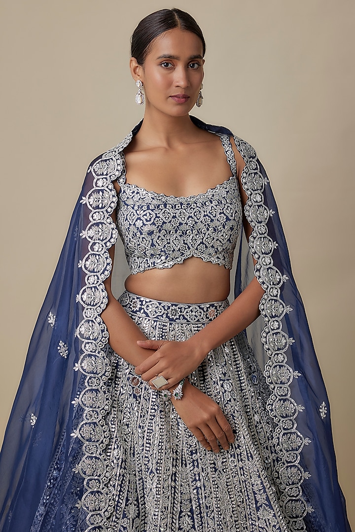Navy Blue Organza Bridal Lehenga Set by Aneesh Agarwaal at Pernia's Pop Up Shop