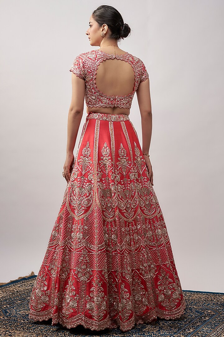 Coral Raw Silk Bridal Lehenga Set by Aneesh Agarwaal at Pernia's Pop Up Shop