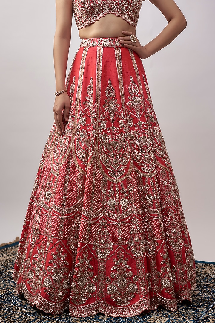 Coral Raw Silk Bridal Lehenga Set by Aneesh Agarwaal at Pernia's Pop Up Shop