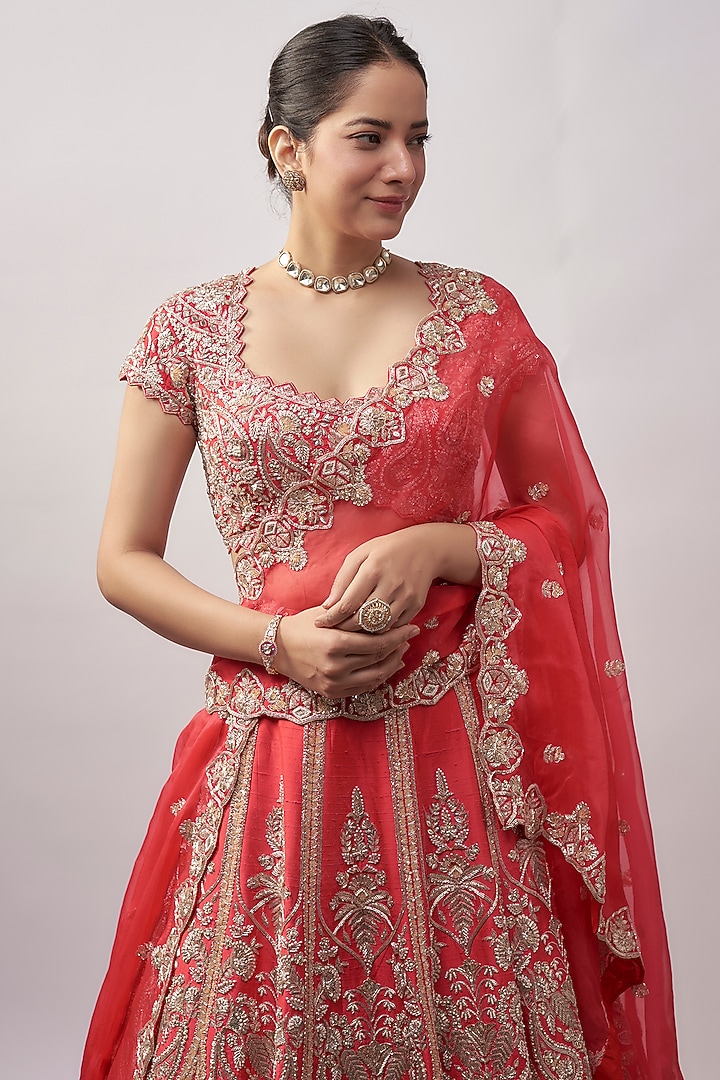 Coral Raw Silk Bridal Lehenga Set by Aneesh Agarwaal at Pernia's Pop Up Shop