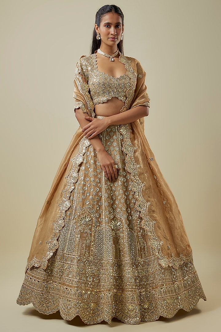 Gold Silk Tissue Bridal Lehenga Set by Aneesh Agarwaal at Pernia's Pop Up Shop