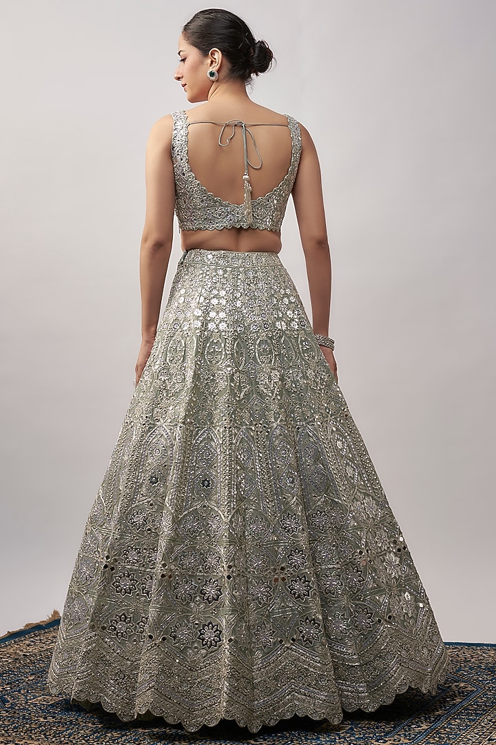 Greenish Silver Silk Tissue Bridal Lehenga Set by Aneesh Agarwaal at Pernia's Pop Up Shop