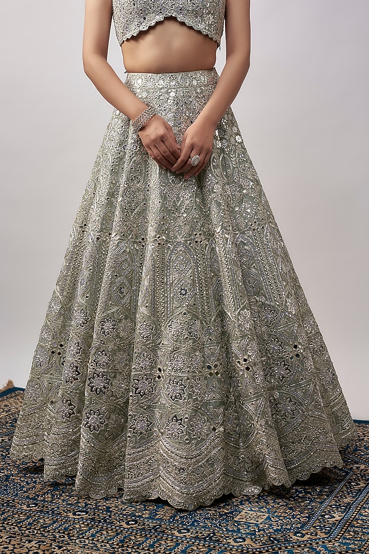Greenish Silver Silk Tissue Bridal Lehenga Set by Aneesh Agarwaal at Pernia's Pop Up Shop