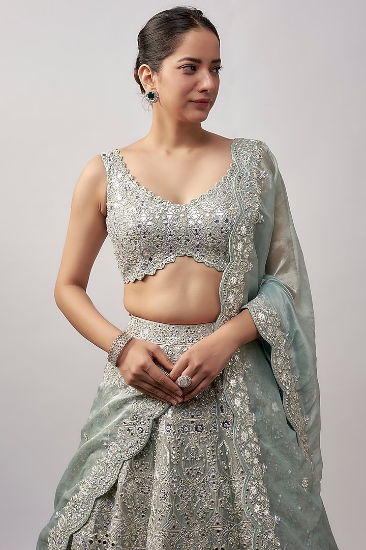 Greenish Silver Silk Tissue Bridal Lehenga Set by Aneesh Agarwaal at Pernia's Pop Up Shop