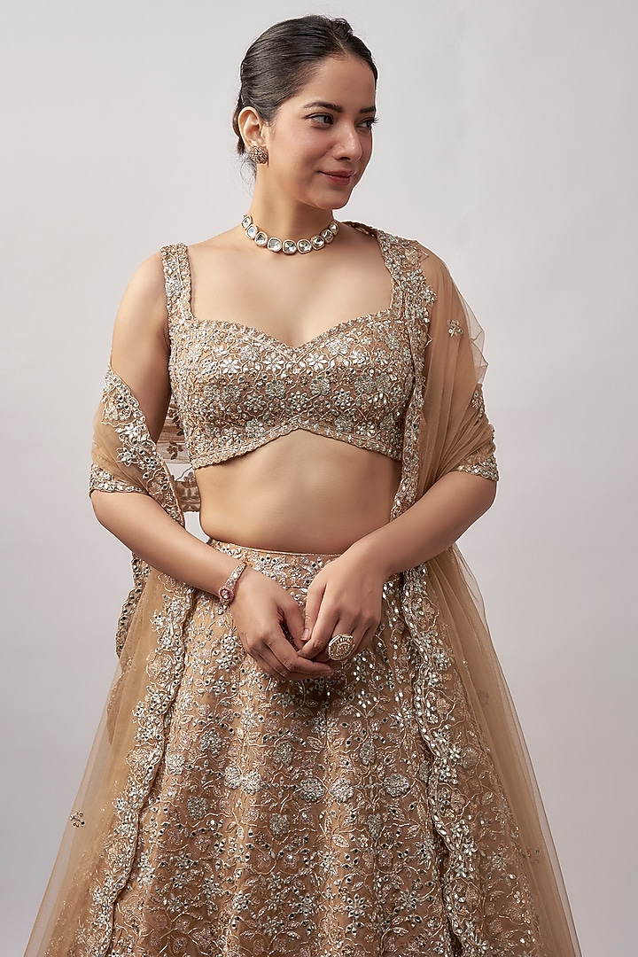 Antique Gold Organza Bridal Lehenga Set by Aneesh Agarwaal at Pernia's Pop Up Shop