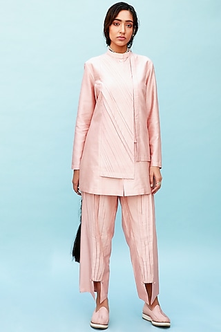 Peach Pleated Long Shirt by Antar Agni