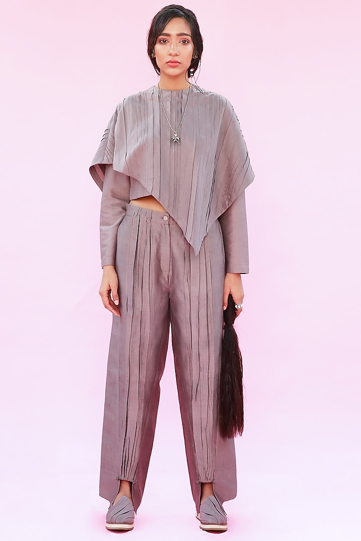 Grey Layered Top With Pleats by Antar Agni