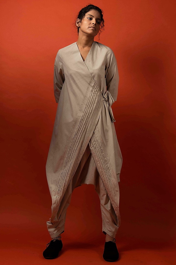 Beige Pleated Overlapping Jumpsuit by Antar Agni
