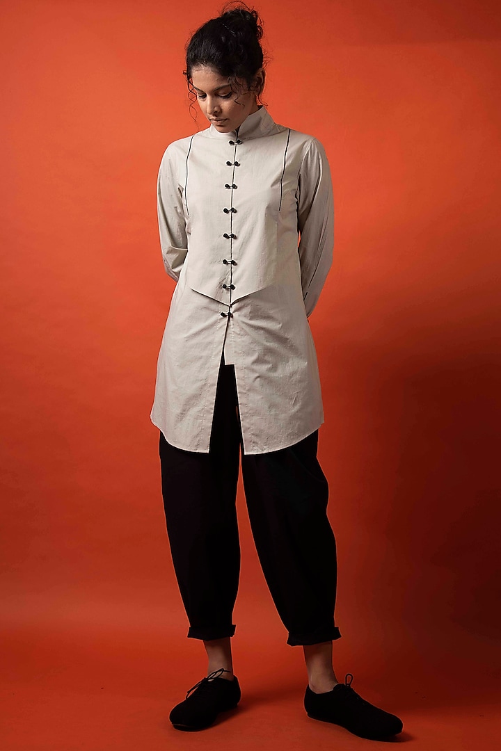 Beige Cotton Long Shirt by Antar Agni