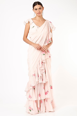 baby Pink Floral Printed Saree Set by Anaya by akruthi