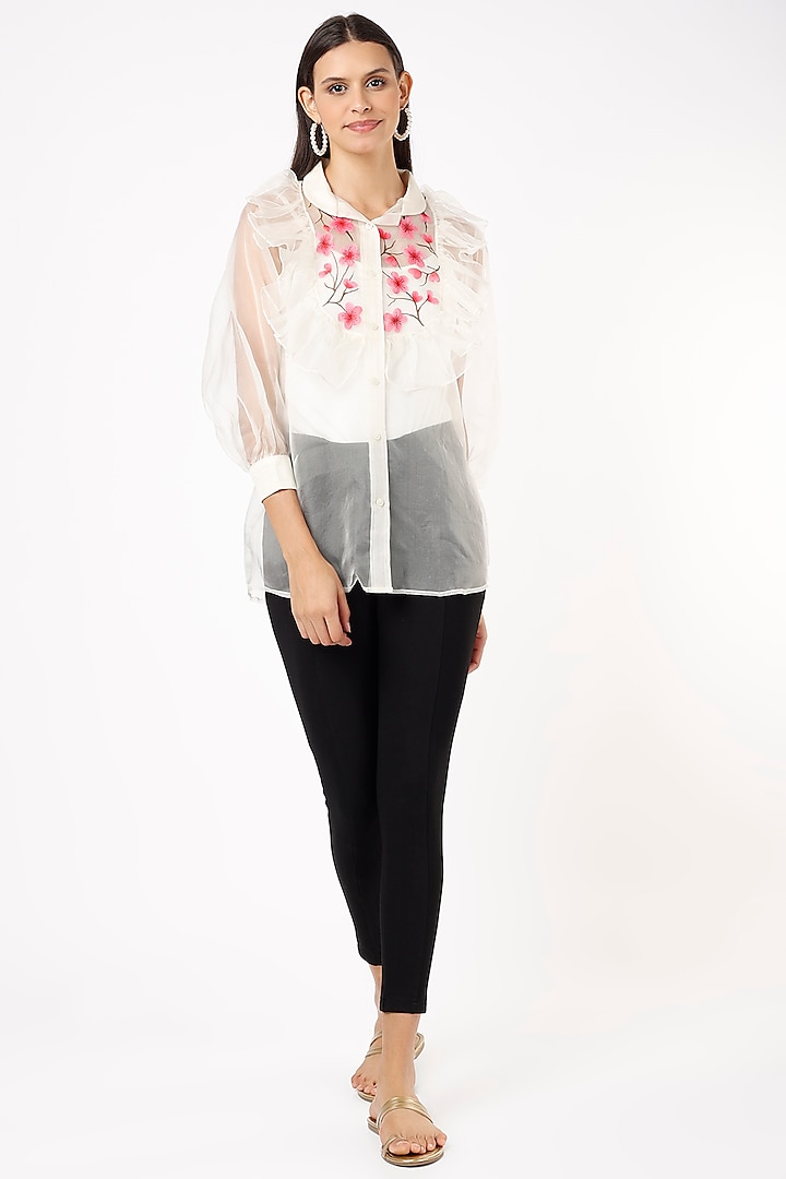 White Floral Printed Frilled Shirt by Anaya by akruthi
