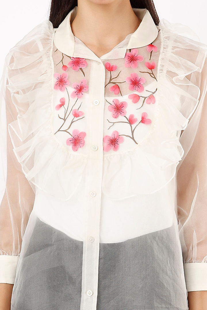 White Floral Printed Frilled Shirt by Anaya by akruthi at Pernia's Pop Up Shop