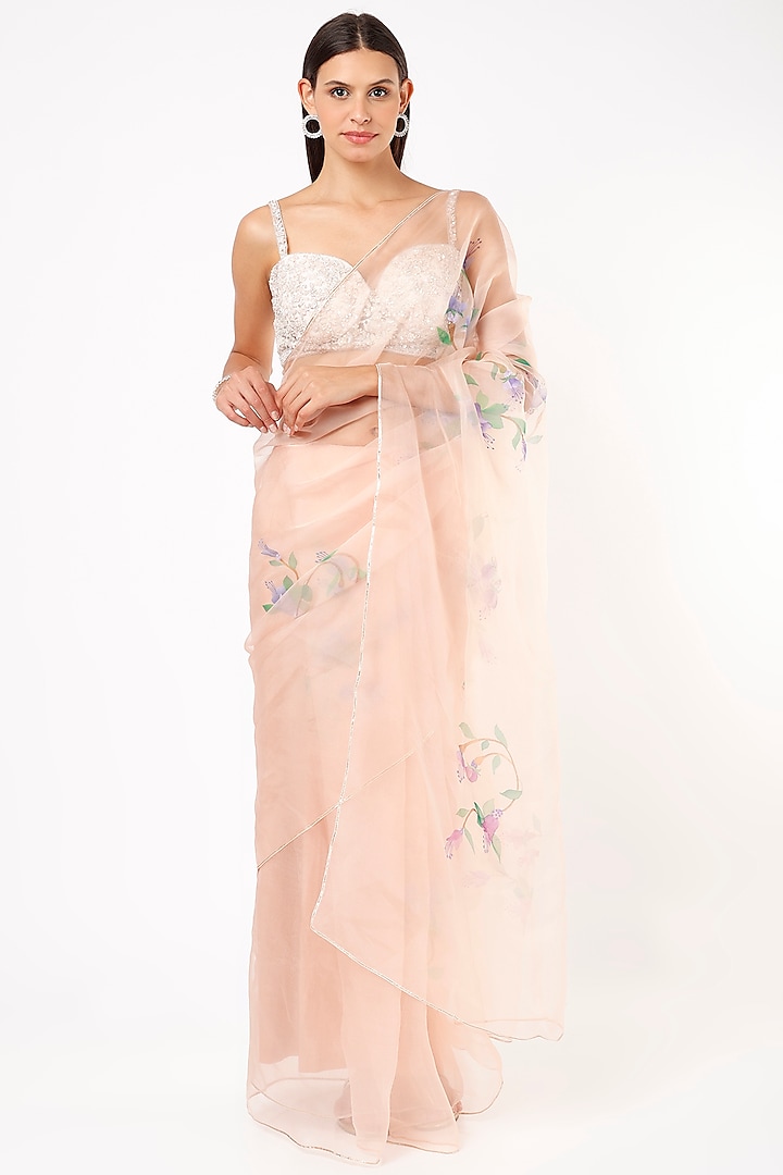 Peach Organza Embroidered Saree by Anaya by akruthi