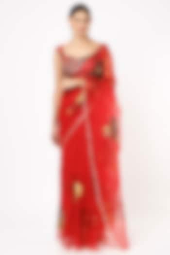 Red Hand Embroidered Saree by Anaya by akruthi