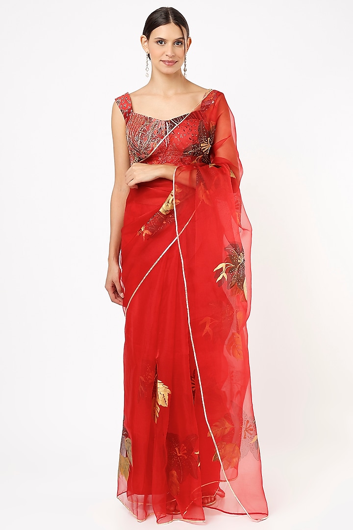 Red Hand Embroidered Saree by Anaya by akruthi
