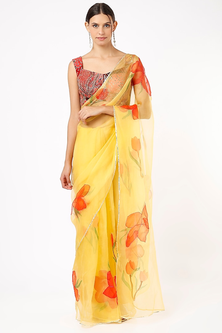 Yellow Hand Embroidered Saree by Anaya by akruthi