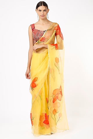 Yellow Hand Embroidered Saree by Anaya by akruthi