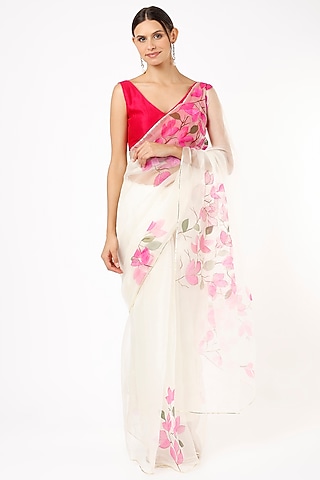 White Organza Floral Printed Saree by Anaya by akruthi
