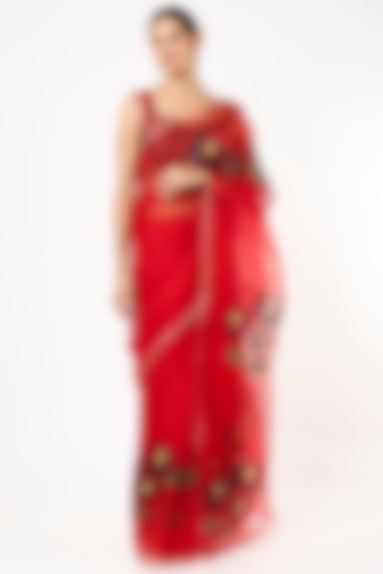 Red Organza Printed Saree by Anaya by akruthi