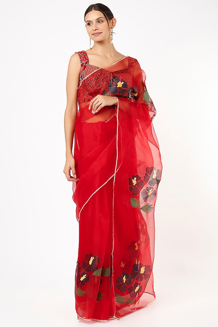 Red Organza Printed Saree by Anaya by akruthi