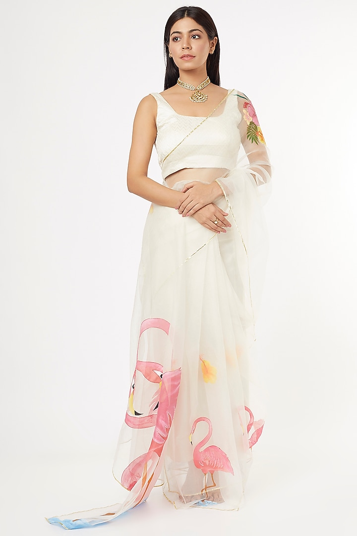 White Hand Painted Organza Saree by Anaya by akruthi