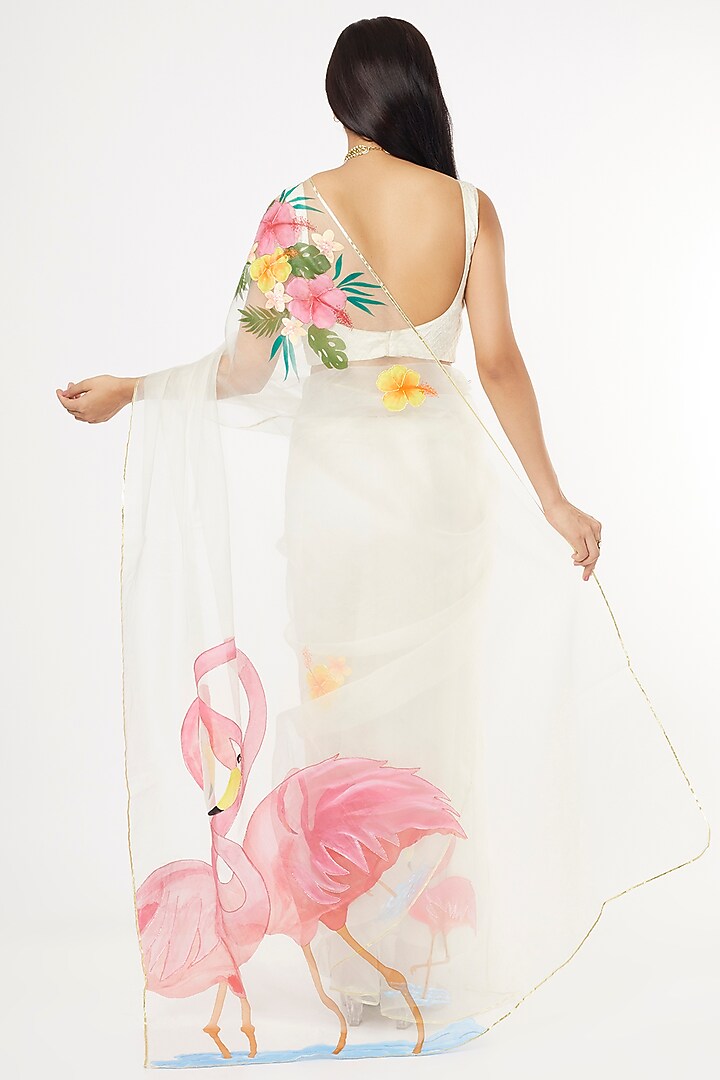White Hand Painted Organza Party Wear Saree by Anaya by akruthi at Pernia's Pop Up Shop