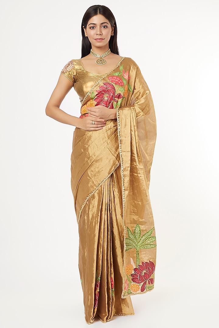 Antique Silk Tissue Gold Painted Saree by Anaya by akruthi