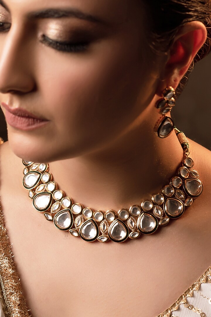 Gold Finish Kundan Polki Meenakari Necklace Set by ANANA at Pernia's Pop Up Shop