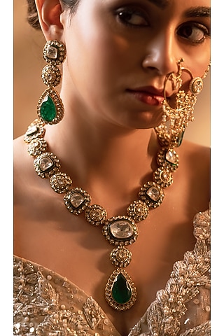Gold Finish Kundan Polki Meenakari Necklace Set by ANANA