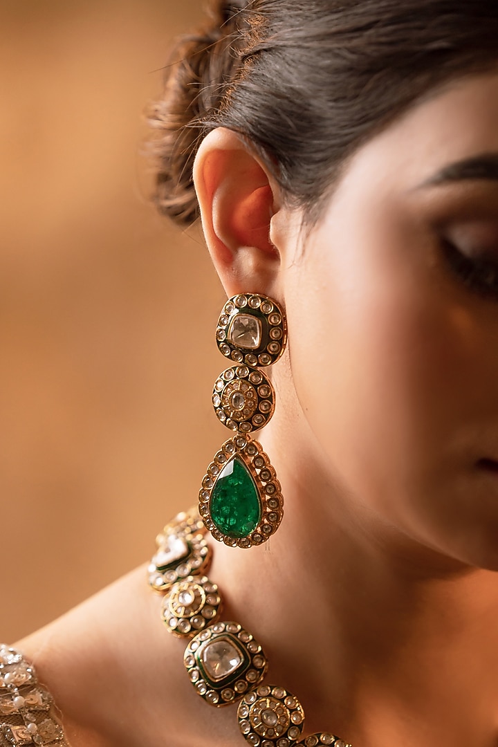 Gold Finish Kundan Polki Meenakari Necklace Set by ANANA at Pernia's Pop Up Shop