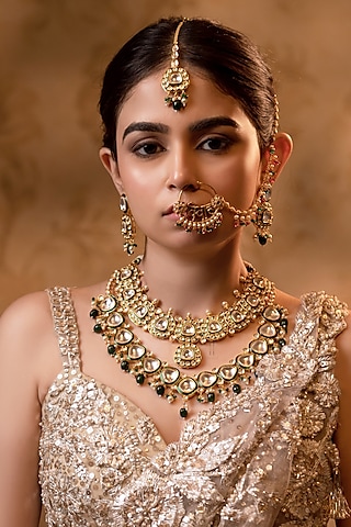 Gold Finish Kundan Polki Meenakari Necklace Set by ANANA