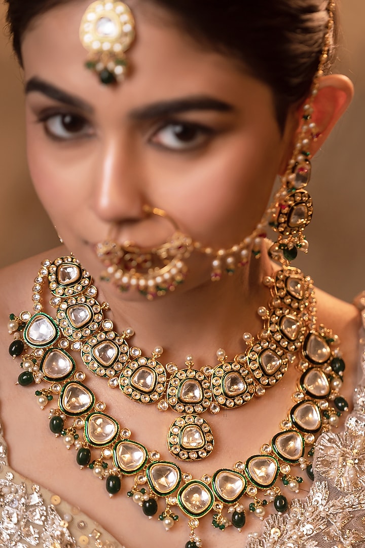 Gold Finish Kundan Polki Meenakari Necklace Set by ANANA at Pernia's Pop Up Shop
