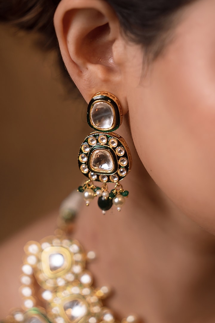 Gold Finish Kundan Polki Meenakari Necklace Set by ANANA at Pernia's Pop Up Shop