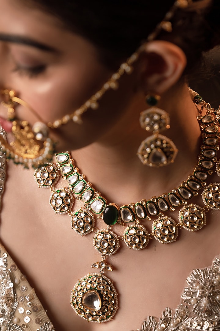 Gold Finish Kundan Polki Meenakari Necklace Set by ANANA at Pernia's Pop Up Shop