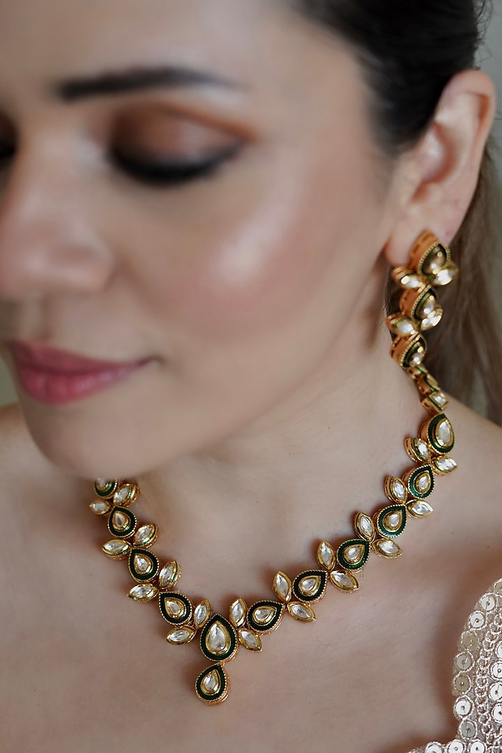 Gold Finish Kundan Polki Necklace Set by ANANA at Pernia's Pop Up Shop