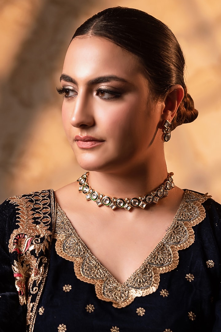 Gold Finish Kundan Polki Choker Necklace Set by ANANA at Pernia's Pop Up Shop