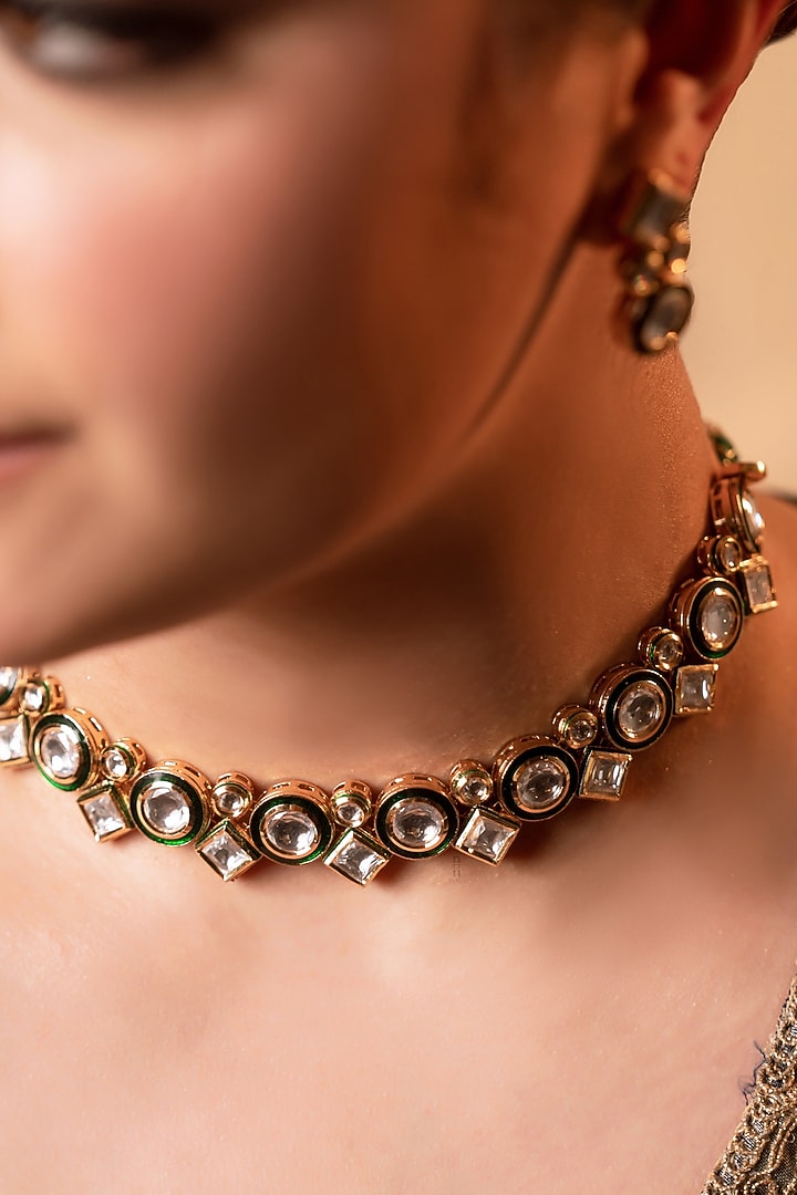 Gold Finish Kundan Polki Choker Necklace Set by ANANA at Pernia's Pop Up Shop