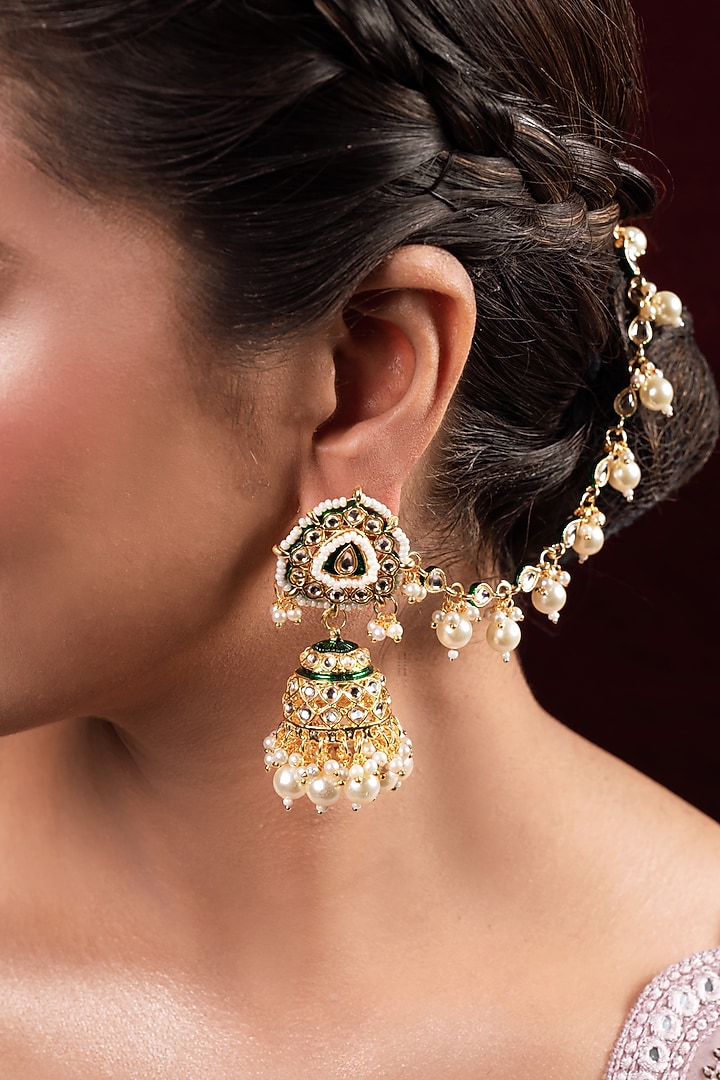 Gold Finish Kundan Polki Jhumka Earrings by ANANA at Pernia's Pop Up Shop