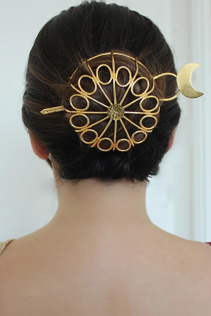 Gold Finish Temple Hair Bun With Pin by ANANA