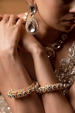 Gold Finish Kundan Polki & Pearl Bangles (Set of 2) by ANANA