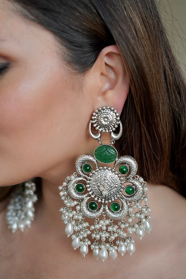 Silver Finish Synthetic Emerald Stone Dangler Earrings by ANANA at Pernia's Pop Up Shop