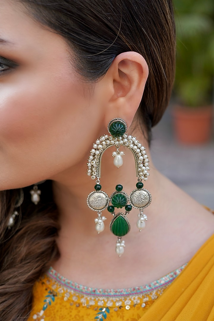 Silver Finish Synthetic Emerald Stone Dangler Earrings by ANANA at Pernia's Pop Up Shop