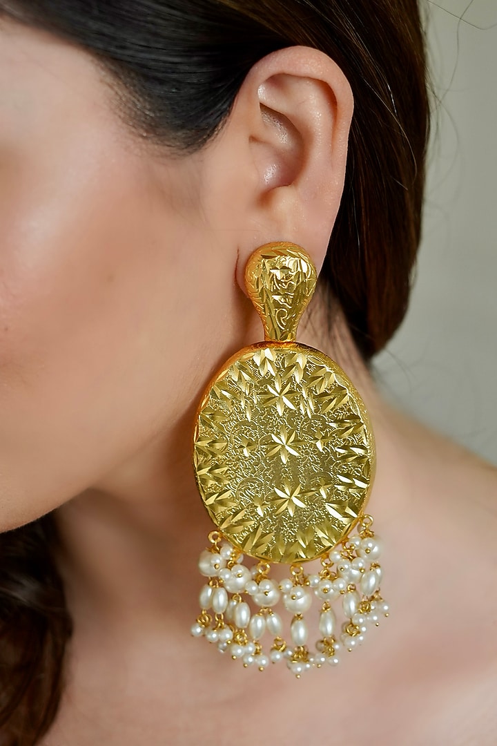 Gold Plated Pearl Dangler Earrings by ANANA at Pernia's Pop Up Shop