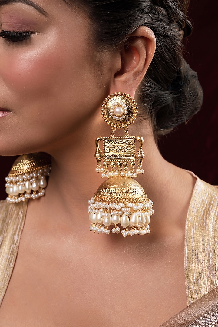 Gold Plated Pearl Dangler Earrings by ANANA